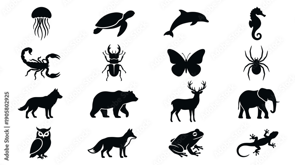Fototapeta premium A diverse set of sixteen black animal silhouettes featuring wildlife from oceans forests and deserts suitable for logos icons