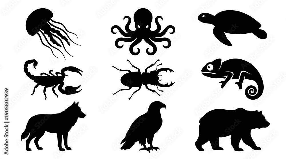 Obraz premium A diverse set of black animal silhouettes including jellyfish octopus turtle scorpion beetle chameleon wolf eagle and bear icons