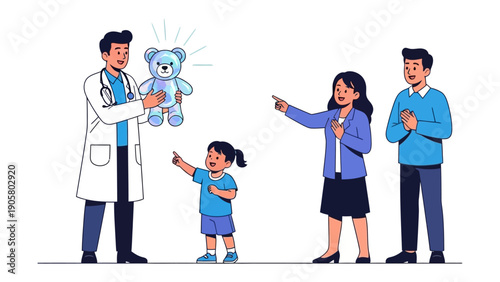 Doctor presenting toy to family: A caring doctor extends a stuffed animal to a child, with the parents looking on, highlighting the importance of comfort and support in a child's care.