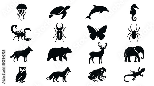 A diverse set of sixteen black animal silhouettes featuring wildlife from oceans forests and deserts suitable for logos icons