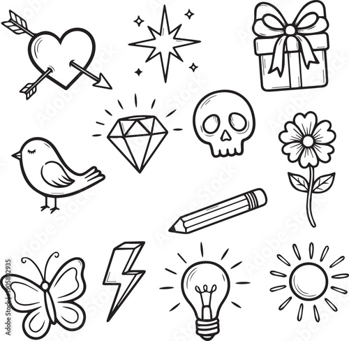 Tattoo flash sheet with various silhouette designs and symbols