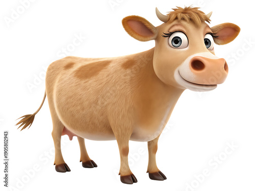 A cheerful cartoon cow standing on a plain white background with a friendly expression