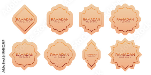 Set of Ramadan Mubarak labeles with various islamic geometric shapes in warm beige tones. Collection stickers and tags for holy month. Vector illustration isolated on transparent background.