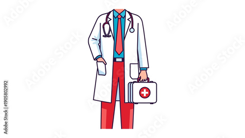 Professional Medical Attire: Illustrative representation of a medical professional, embodies care and expertise with a stethoscope, uniform, and medical kit, set against a pristine background.