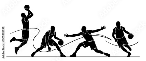 Set of black basketball player silhouettes performing various athletic movements like jumping shooting and ball handling on plain surface