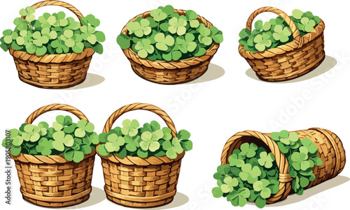 set of wicker baskets with four-leaf clovers inside in different perspectives and shapes, icons for thematic patterns, packaging or stickers