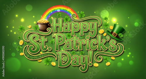 Happy st patrick's day celebration with rainbow pot of gold and leprechaun hat on green background