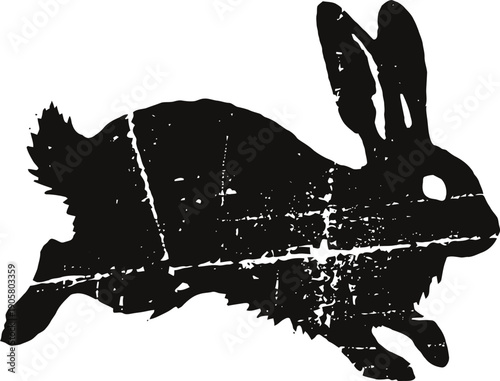 Silhouette of a running rabbit with distressed texture in black and white