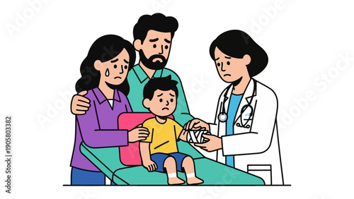 A Visit to the Doctor: A concerned family stands by their child, as a caring doctor offers comfort and treatment, illustrating empathy and care.