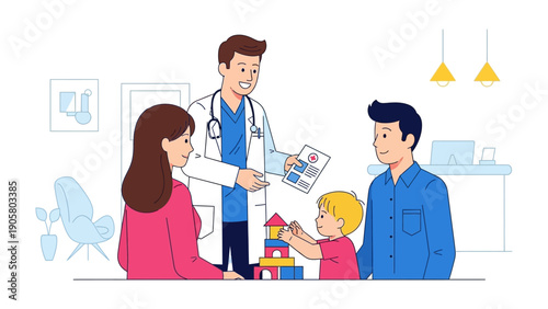 Doctor's Visit: a pediatrician engaging with a young child and his parents in a friendly medical setting, fostering trust and care.