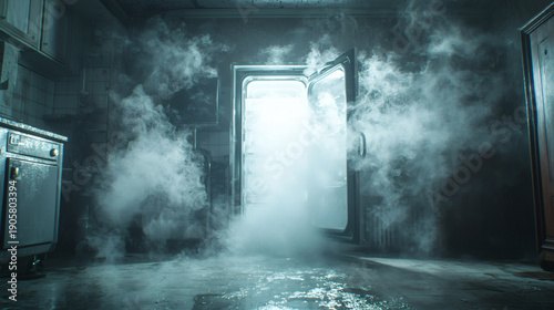 Spooky Kitchen with Open Fridge Shrouded in Fog and Mystery