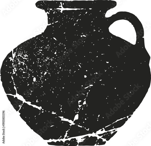 Ancient cracked ceramic vase silhouette with handle, classic pottery shape design