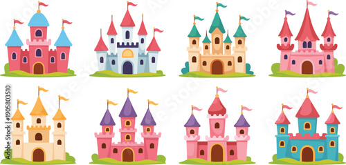 Fairy Tale Princess Castle Vector Illustration Set for Kids Storybook Design