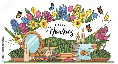 Happy nowruz celebration with flowers candles and traditional items