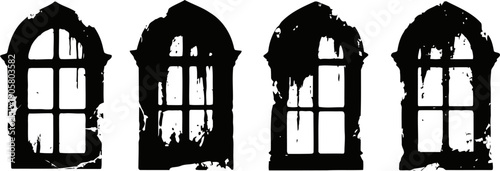 Set of four vintage arched windows silhouettes with peeling paint and textured frames
