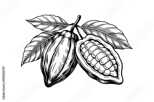Detailed illustration of ripe cocoa pods with leaves, one pod split open revealing seeds.