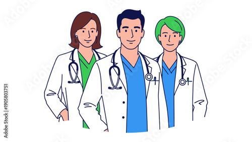 Medical Professional Team: A cohesive group of medical practitioners stands confidently together, symbolizing healthcare expertise and patient care, exuding warmth and trust.