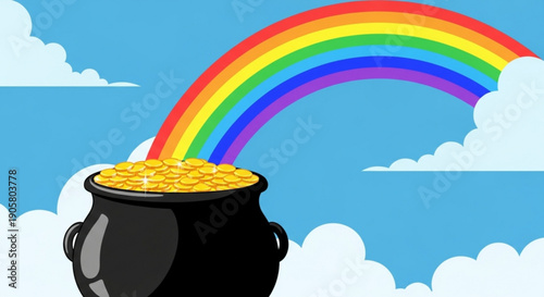 Black cauldron filled with gold coins under a vibrant rainbow in sky with clouds