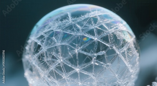 Frozen soap bubble close-up with intricate ice crystals