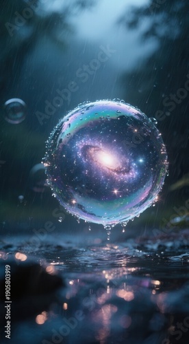 Mystical galaxy reflection in raindrop stormy night