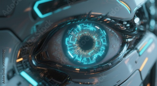 Futuristic robotic eye with blue circuit technology glow