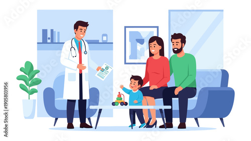 Family Health Consultation: A doctor explains test results to a family with a child, creating a safe and trustworthy environment in a doctor's office.