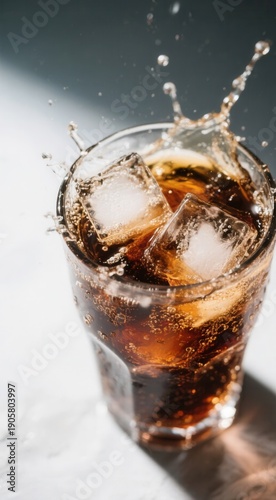 Refreshing with ice splashing in glass