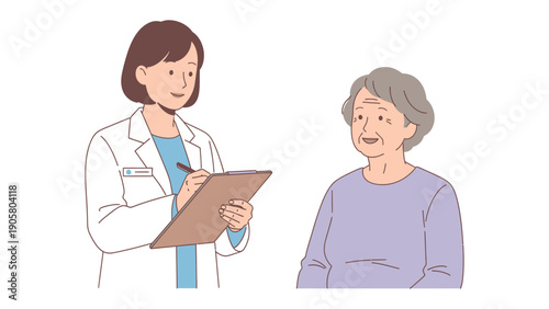 Consultation with Compassion: A friendly doctor, pen in hand, engages in a thoughtful conversation with a senior patient, recording vital information to provide the best possible care.