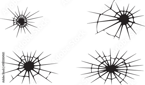 Four Black Starburst Cracks on White Background broken