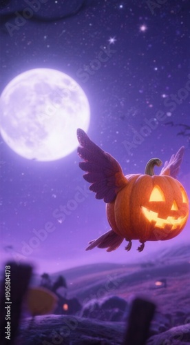 Flying pumpkin in moonlit halloween night