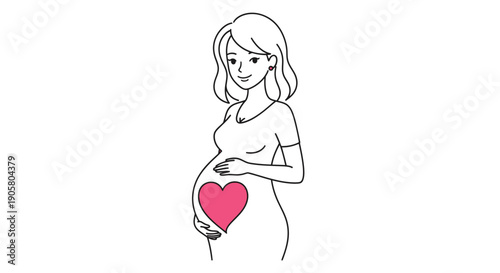 Charming outline illustration of a joyful pregnant woman holding her belly adorned with a pink heart