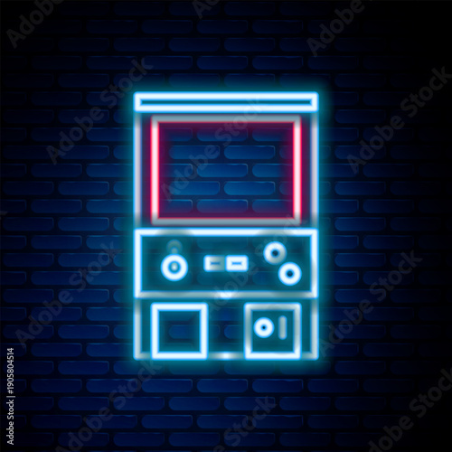 Glowing neon line Retro arcade game machine icon isolated on brick wall background. Colorful outline concept. Vector