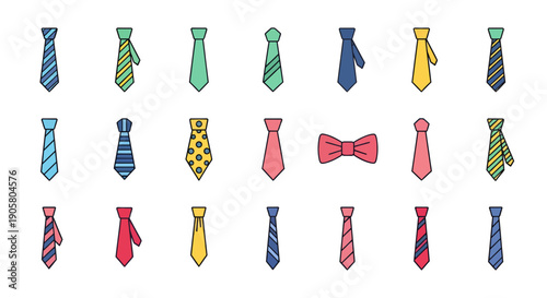 Collection of colorful ties and bow tie in various patterns, showcasing stylish formal wear for men
