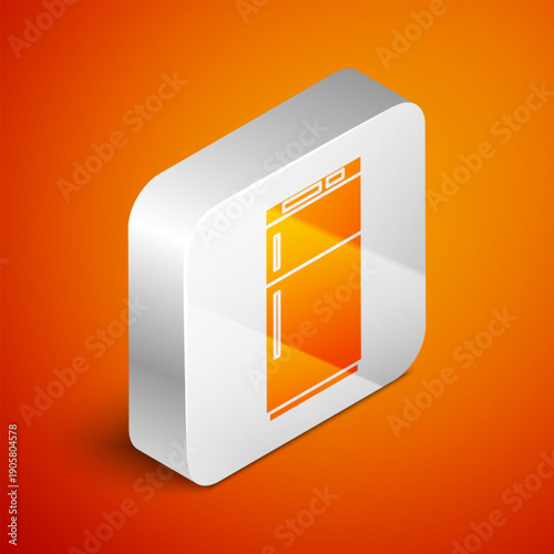 Isometric Refrigerator icon isolated on orange background. Fridge freezer refrigerator. Household tech and appliances. Silver square button. Vector Illustration