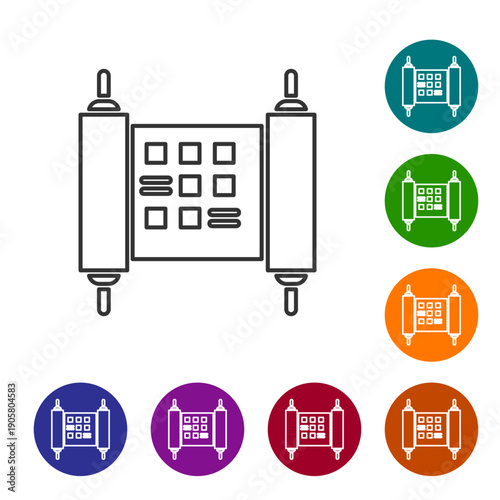 Black line Decree, paper, parchment, scroll icon icon isolated on white background. Chinese scroll. Set icons in color circle buttons. Vector Illustration