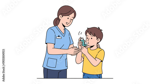 Care and Support: A compassionate nurse assists a child with an inhaler, offering comfort and demonstrating proper usage for a respiratory condition.