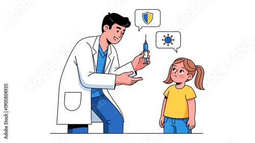 Vaccination Illustration: A medical professional engages a young child, educating and preparing for a protective vaccination, symbolizing health and wellness.
