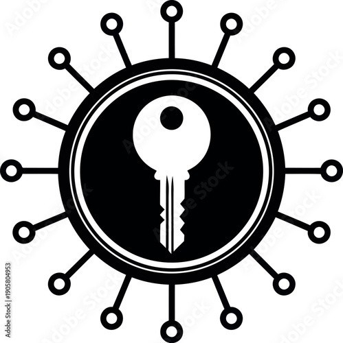 A stylized key surrounded by interconnected circles symbolizing network security