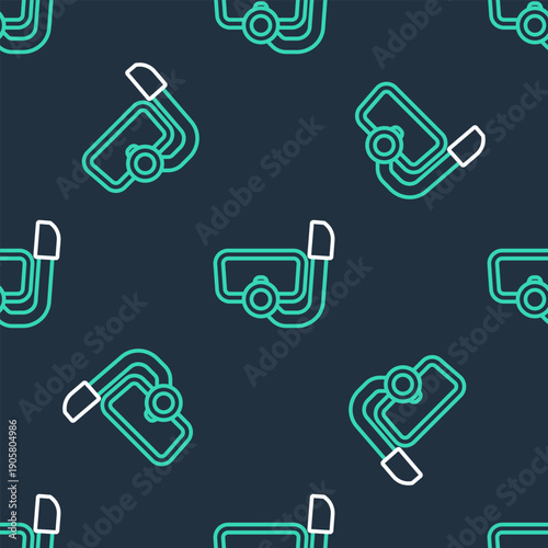 Line Diving mask with snorkel icon isolated seamless pattern on black background. Extreme sport. Diving underwater equipment. Vector