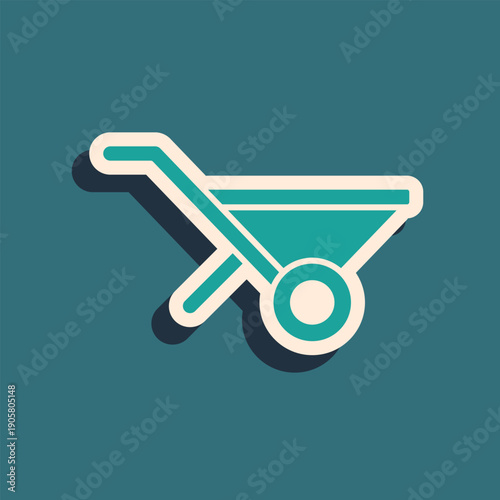Green Wheelbarrow icon isolated on green background. Tool equipment. Agriculture cart wheel farm. Long shadow style. Vector