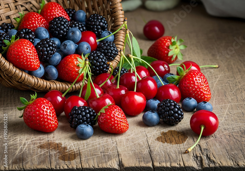 Freshly picked assortment of ripe strawberries, blueberries, blackberries, and cherries spilling from a wicker basket onto a rustic wooden table.