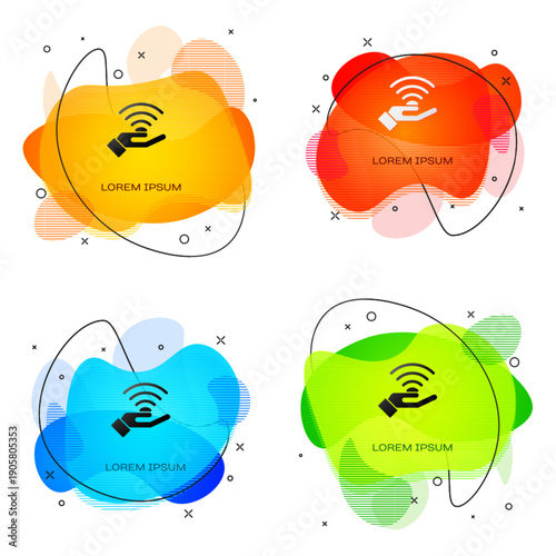 Black 5G new wireless internet wifi connection icon isolated on white background. Global network high speed connection data rate technology. Abstract banner with liquid shapes. Vector