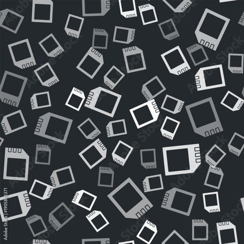 Grey SD card icon isolated seamless pattern on black background. Memory card. Adapter icon. Vector