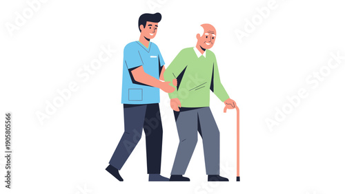 Compassionate Care: A caregiver assists a senior citizen with a walking stick, illustrating themes of support, respect, and companionship.