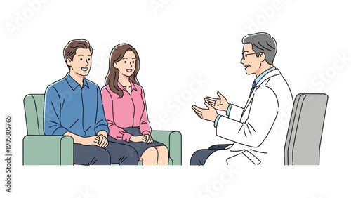 Consultation of Health: A doctor consults a couple, a man and a woman, offering advice. A visual representation of health consultation.