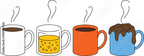 Hot Coffee & Tea Cup Vector Set  Steaming Mugs in Different Colors