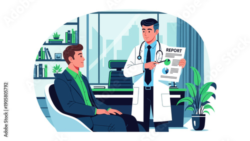 Medical Consultation: A healthcare professional points to a patient's medical report in a modern office, representing a diagnosis and assessment of health.