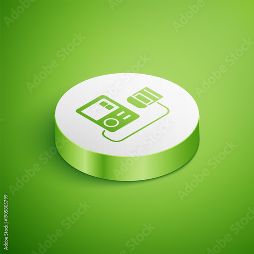Isometric Blood pressure icon isolated on green background. White circle button. Vector Illustration