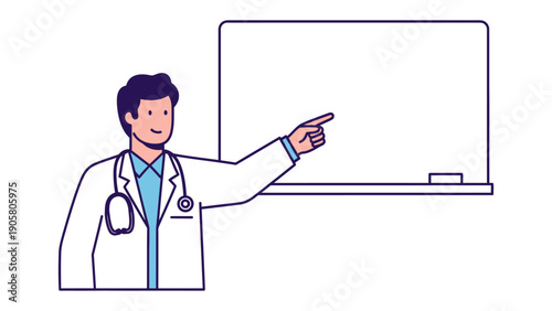Medical presentation: A medical professional, adorned in a white coat and stethoscope, delivers an insightful presentation, pointing towards an empty board, ready to illuminate the concept.