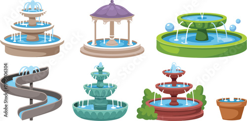 Decorative Water Fountain Vector Set  Garden & Park Fountain Illustrations